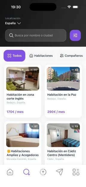 App móvil Kivio mostrando búsqueda de habitaciones compartidas y compañeros de piso en España